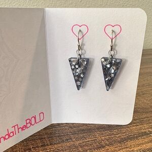 Dark Blue Triangle Earrings with Silver Stars on Hypoallergenic Silver Hooks